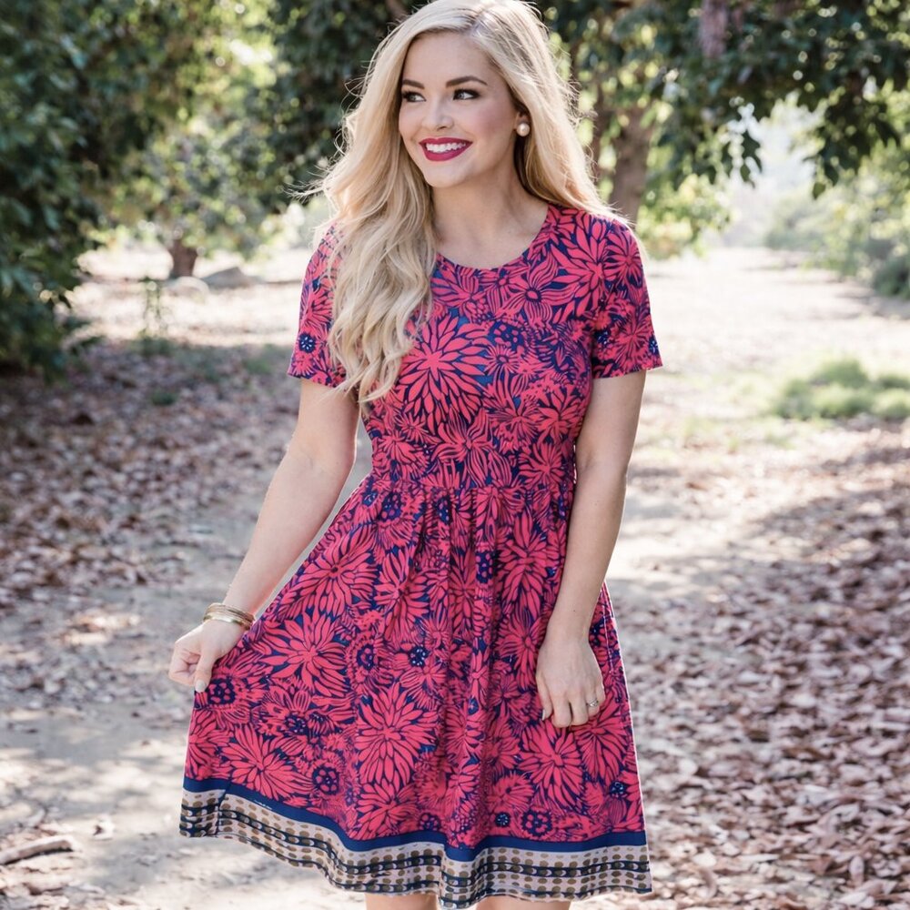 LuLaRoe Amelia Dress Blue Coral Pink Floral Pattern Pockets Fit & Flare, Sz XL